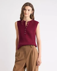 Cotton-Merino-Blend Short Sweater Vest with Henley Neckline