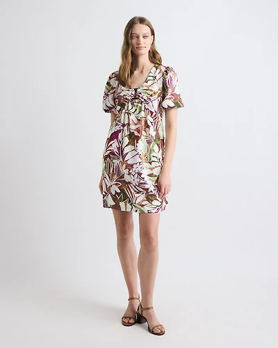 Short-Puffy-Sleeve V-Neck Fluid Mini Dress