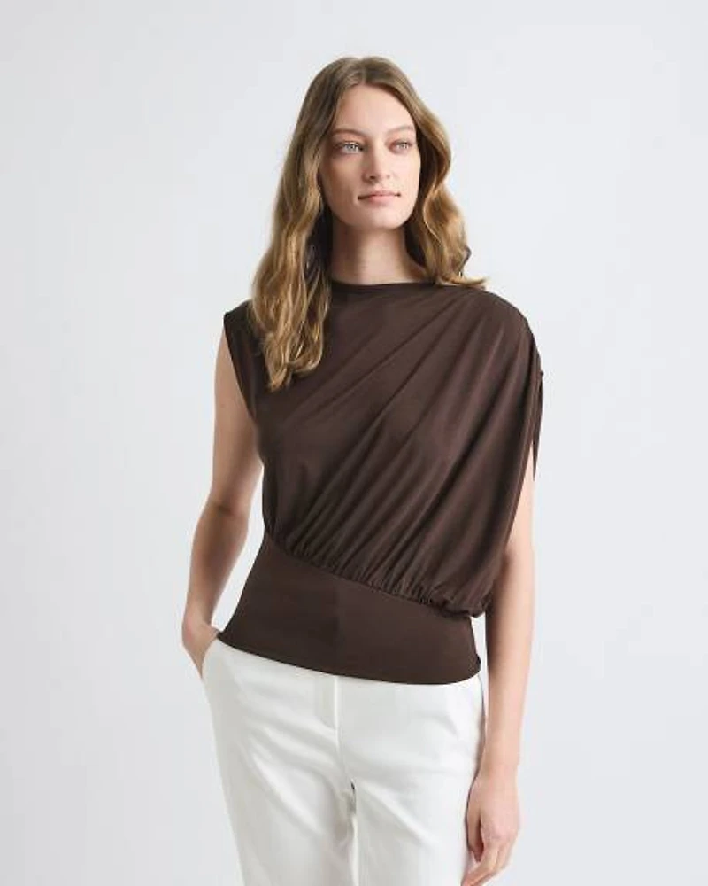Extended-Sleeve Crew-Neck Top with Asymmetrical Detail