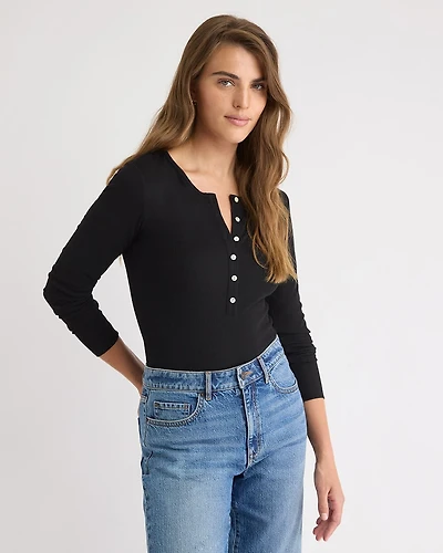 Long-Sleeve Henley Ribbed Top