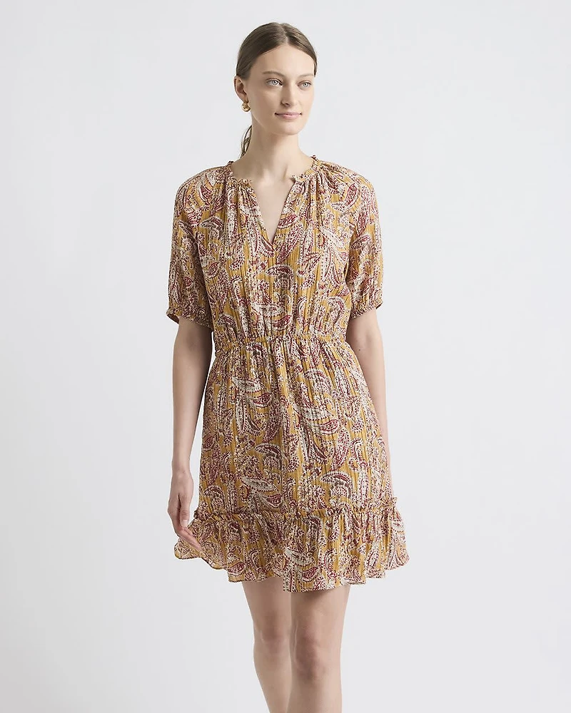 Short-Puffy-Sleeve Split-Neck Mini Dress