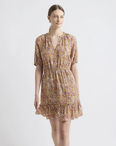 Short-Puffy-Sleeve Split-Neck Mini Dress