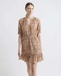Short-Puffy-Sleeve Split-Neck Mini Dress