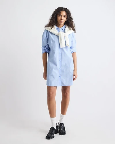 Robe Boutonnée en Popeline à Manches Longues et Col Chemisier
