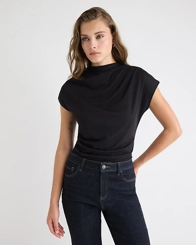 Extended-Sleeve Crew-Neck Draped Top