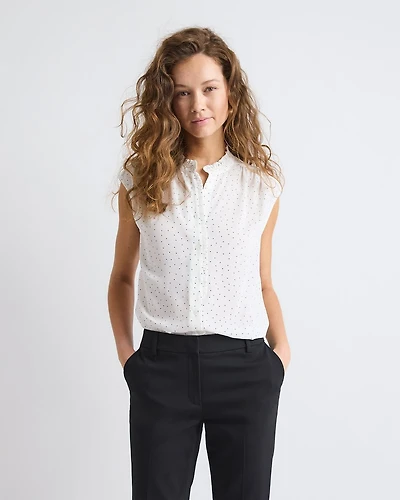 Sleeveless Mock-Neck Buttoned-Down Blouse with Ruffled Trim
