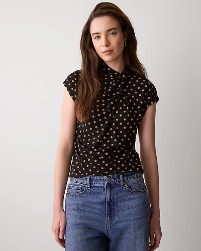 Extended-Sleeve Top with Crossover Draped Mock Neckline