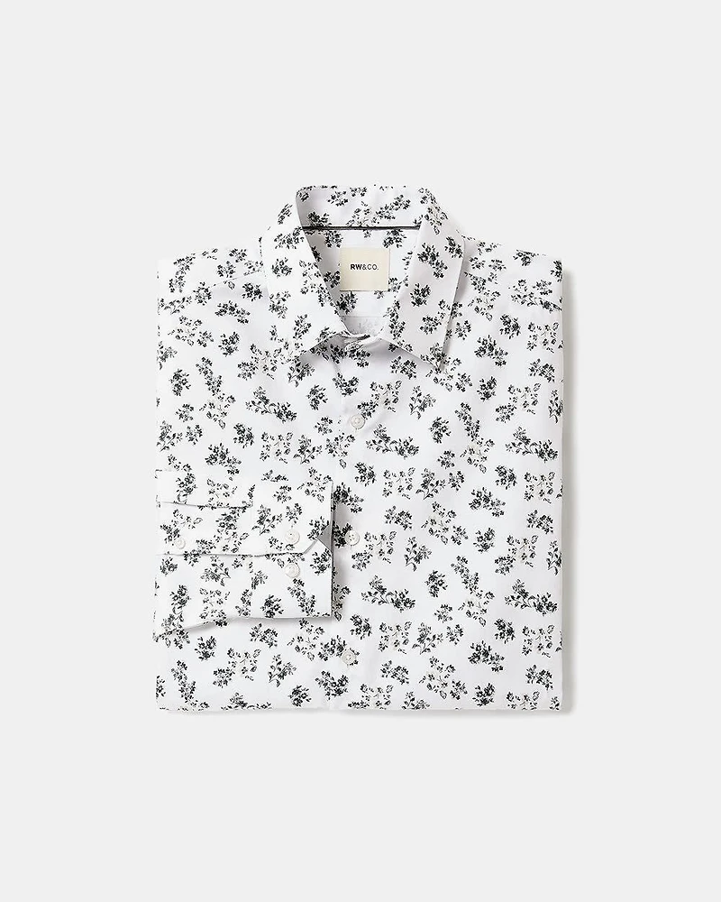 White Tailored-Fit Dress Shirt with Floral Pattern