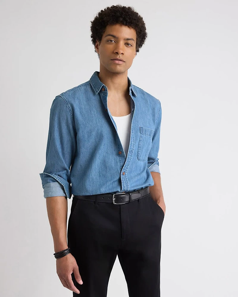 Long-Sleeve Denim Shirt with Chest Pocket
