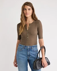 Wool-Blend Ribbed Elbow-Sleeve Henley Top