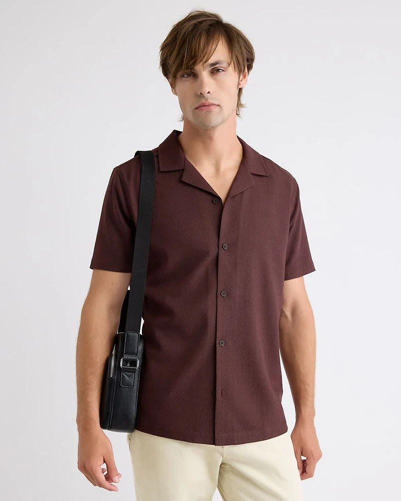 Short-Sleeve Herringbone Shirt with Camp Collar