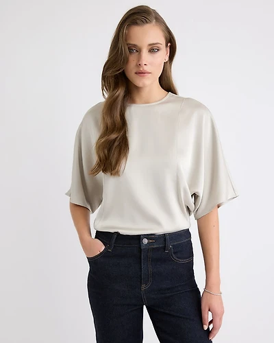 Long-Sleeve Crew-Neck Satin Blouse