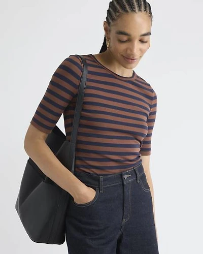 T-Shirt Rayé Ajusté à Manches aux Coudes et Col Rond