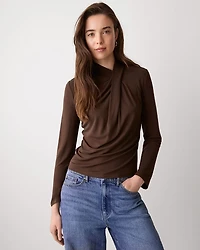 Long-Sleeve Top with Crossover Draped Mock Neckline