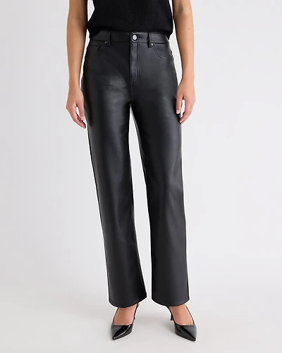Pantalon Taille Haute en Faux Cuir à Jambe Droite
