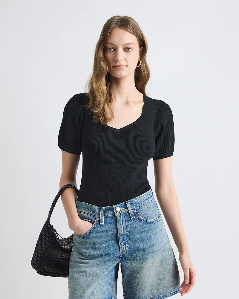 Pull à Encolure en Coeur avec Manches aux Coudes Bouffantes