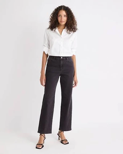 Jeans Gris Foncé à Taille Haute et Jambe Droite