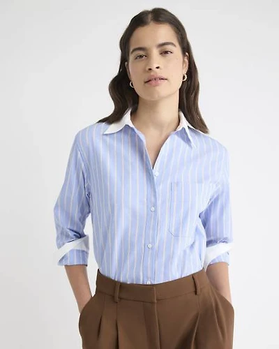 Striped Long-Sleeve Buttoned-Down Poplin Blouse with Contrasting Details