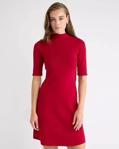 Elbow-Sleeve Mock-Neck Mini Sweater Dress