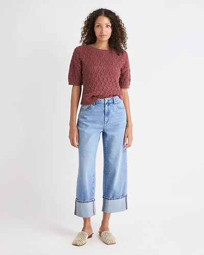 Medium-Wash Ultra-High-Rise Straight-Leg Jeans with Rolled Cuffs