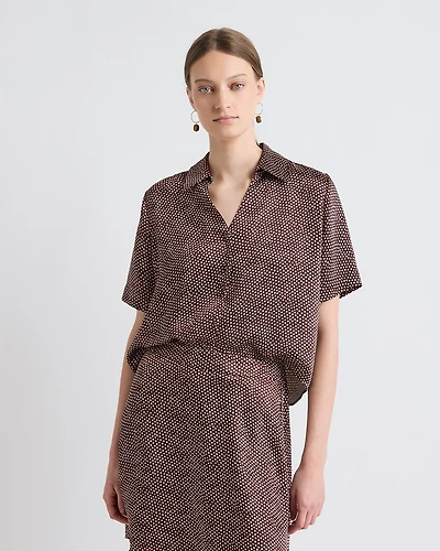 Short-Sleeve Buttoned-Down Dotted Satin Blouse