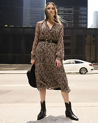 Long-Sleeve V-Neck Midi Dress with Leopard Print