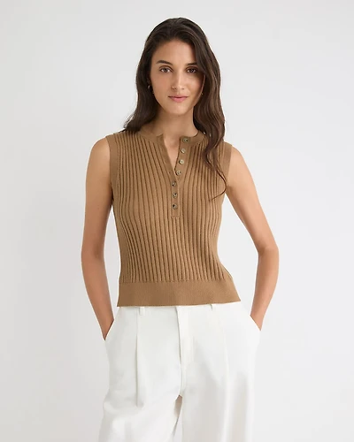 Short Sweater Vest with Henley Neckline