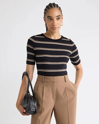 Striped Elbow-Sleeve Crew-Neck Fitted Ribbed Tee