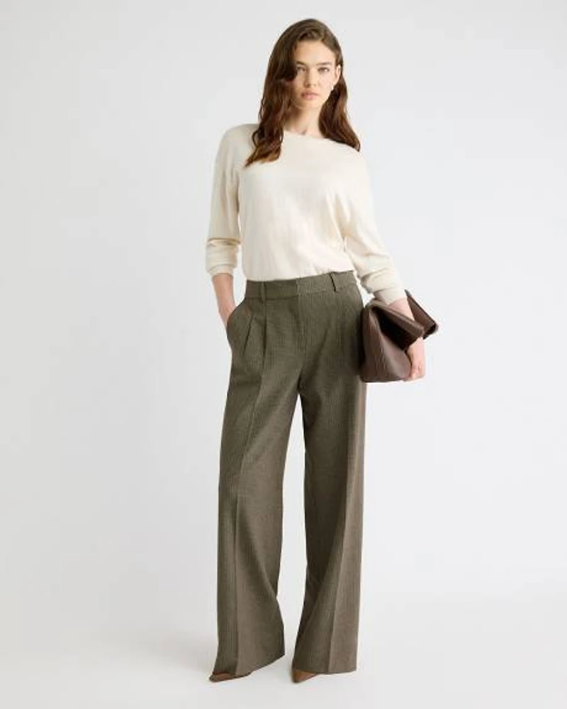 Pantalon Pied-de-Poule à Taille Mi-Haute et Jambe Large
