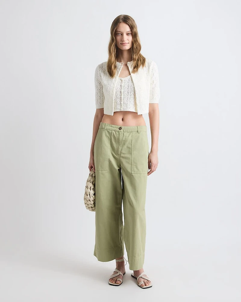 Pantalon en Coton et Lin à Taille Haute Jambe Large