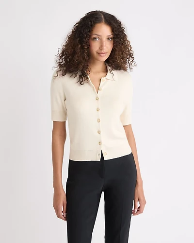 Cardigan Court à Manches aux Coudes avec Col Chemisier