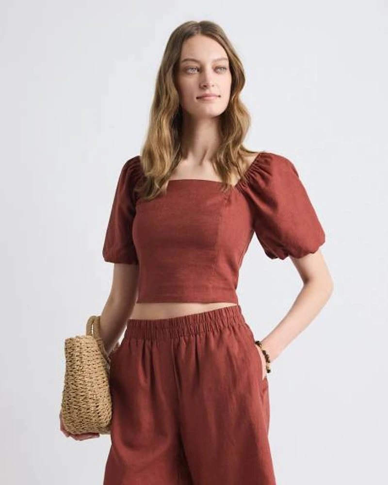 Linen-Blend Square-Neck Tube Top with Puffy Sleeves