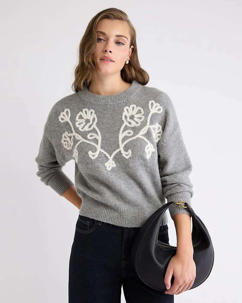 Pull à Manches Longues et Col Rond avec Fleurs