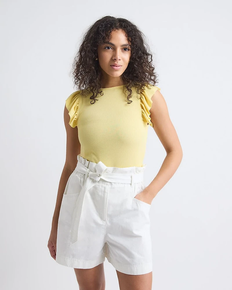 Short-Flutter-Sleeve Crew-Neck Top