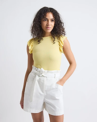 Short-Flutter-Sleeve Crew-Neck Top
