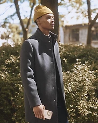 Manteau Classique en Laine Unie à Col Montant avec Plastron