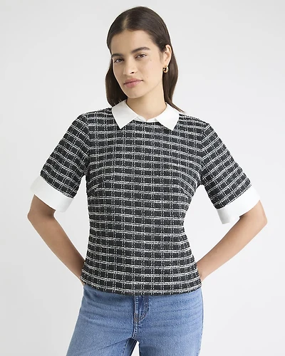 Tweed Short-Sleeve Top with Shirt Collar
