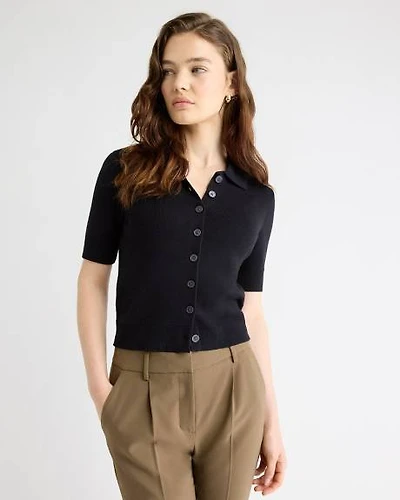 Short Elbow-Sleeve Cardigan with Shirt Collar