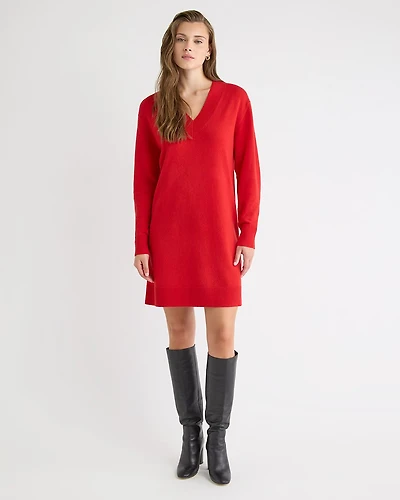 Merino Wool V-Neck Sweater Dress with Collar