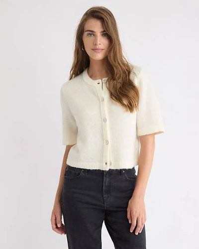 Wool-Blend Elbow-Sleeve Crew-Neck Cardigan