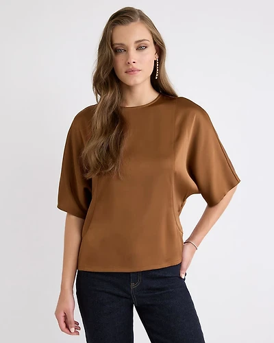 Long-Sleeve Crew-Neck Satin Blouse