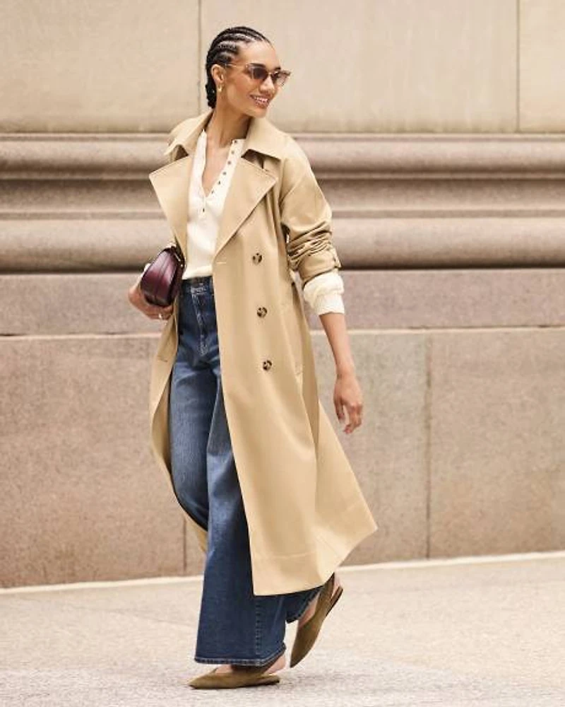 Water-Repellant Long Double-Breasted Trench Coat