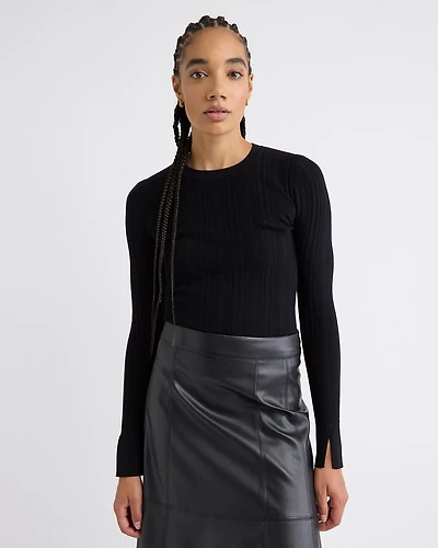 Long-Sleeve Crew-Neck Bodycon Top with Pointelle Stitches