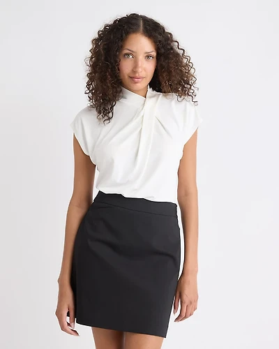 Extended-Sleeve Top with Crossover Draped Mock Neckline