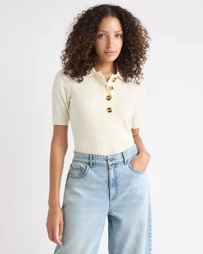 Pull Polo Côtelé à Manches aux Coudes en Mélange de Coton-Mérinos