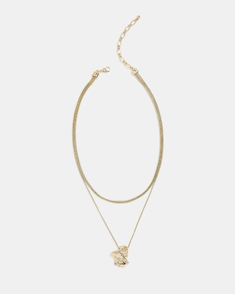 Triple-Chain Short Necklace with Organic Metal Pendant