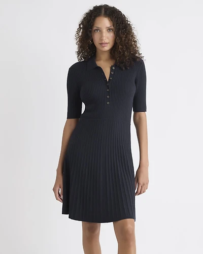 Robe Polo Côtelée à Manches Courtes en Mélange de Coton-Mérinos