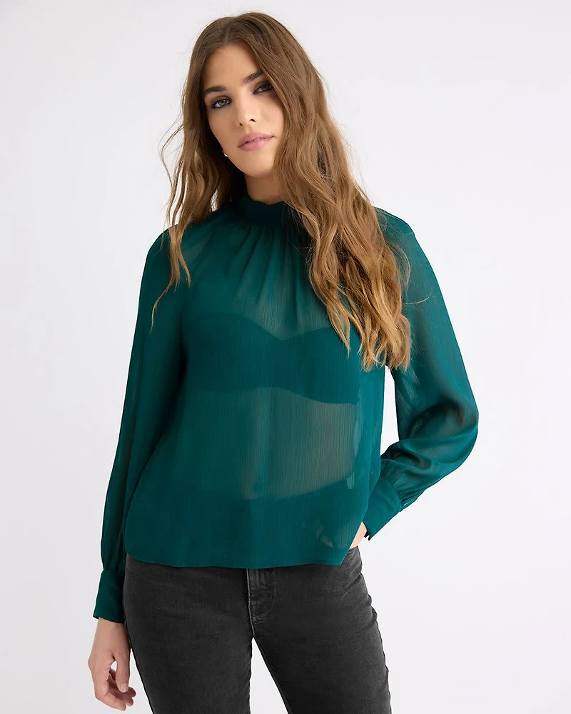 Long-Sleeve Chiffon Popover Blouse