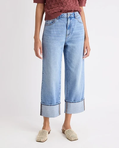 Medium-Wash Ultra-High-Rise Straight-Leg Jeans with Rolled Cuffs