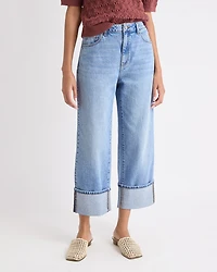Medium-Wash Ultra-High-Rise Straight-Leg Jeans with Rolled Cuffs